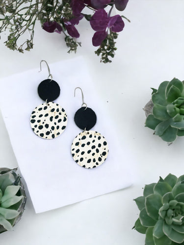 Black Leather and Mini Black Cheetah Cork Leather Earrings - E19-1793