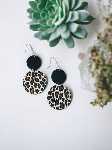 Black Leather and Cheetah Cork Leather Earrings - E19-1802