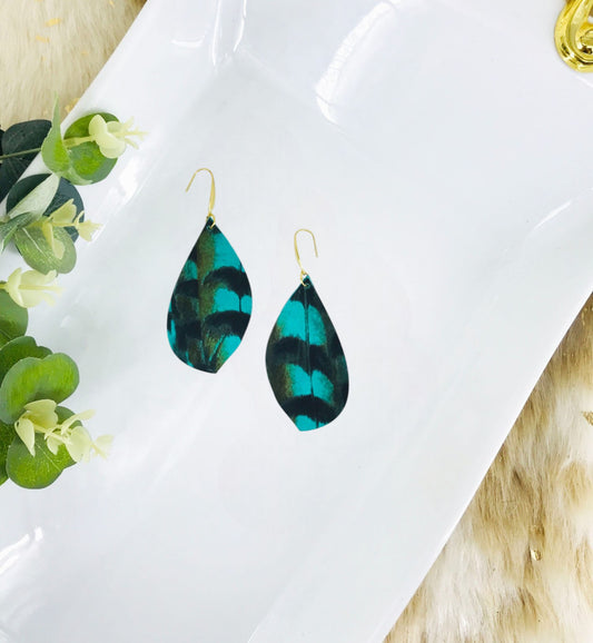 Pheasant Feathers on Aqua Leather Earrings - E19-1820