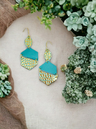 Aqua and Gold on Teal Genuine Leather Earrings - E19-1829