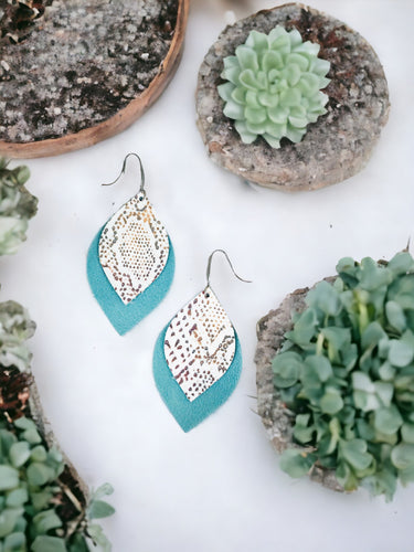 Blue Green Leather and Snake Skin Leather Earrings - E19-1834