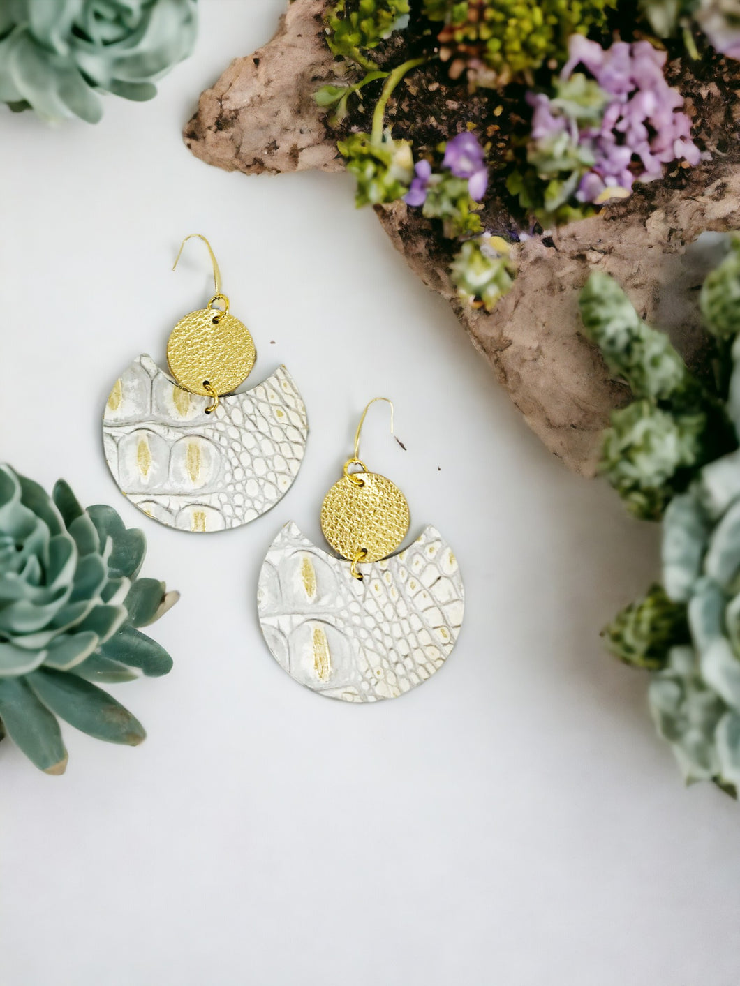 Gold and Metallic Gold on White Genuine Leather Earrings - E19-1841