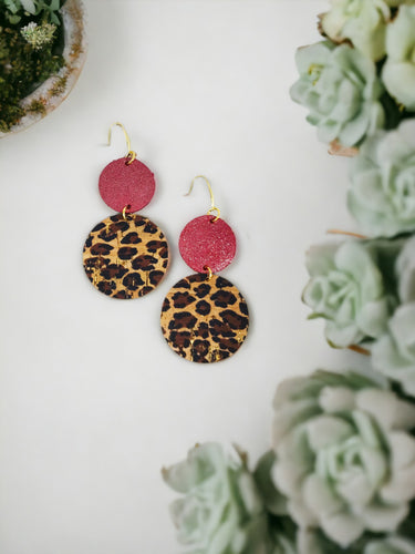 Cork on Leather and Red Dazzle Leather Earrings - E19-1851