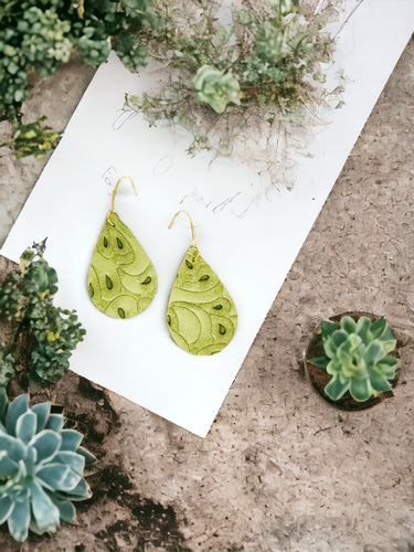 Green Embossed Genuine Leather Earrings - E19-1893