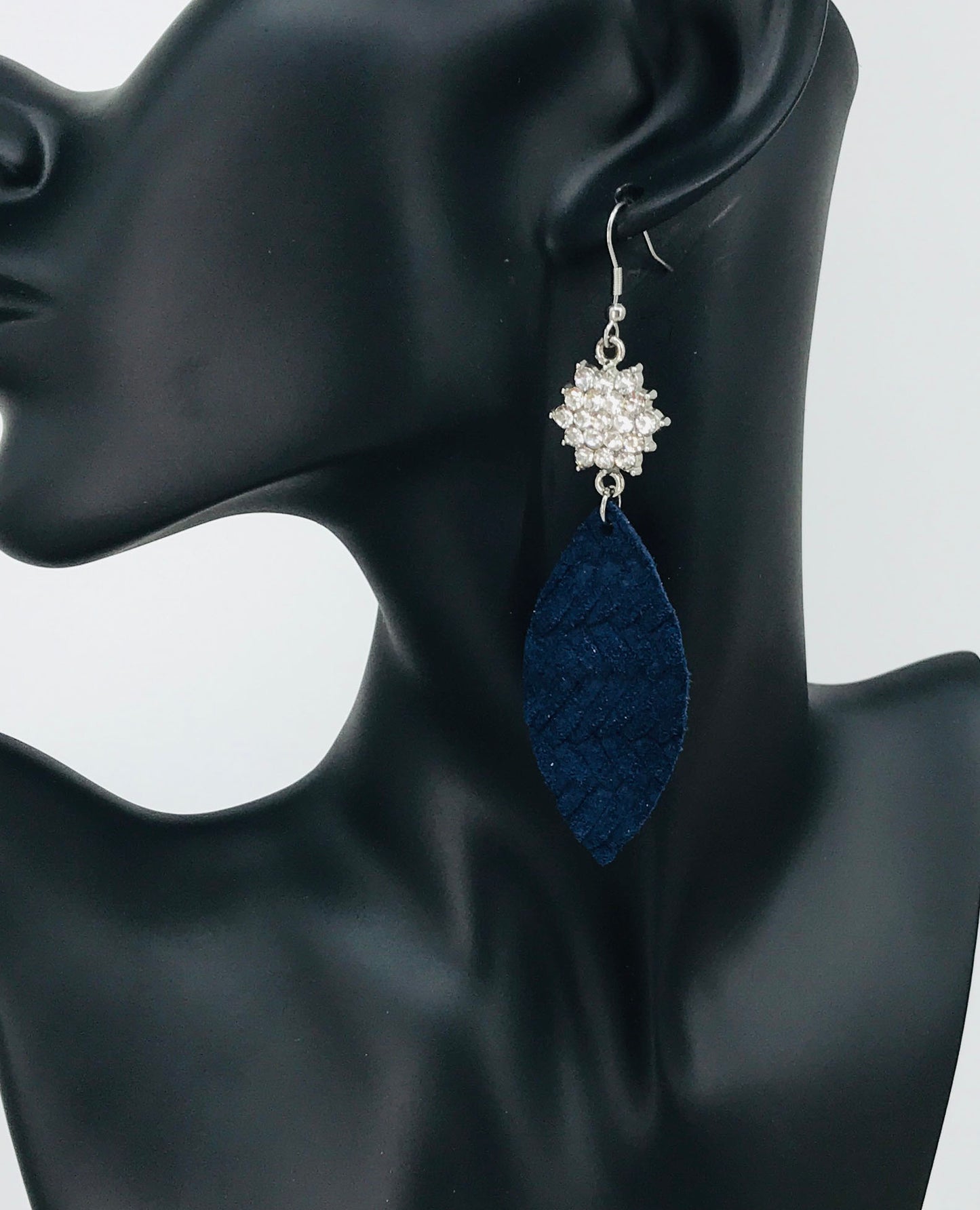 Blue Italian Leather and Rhinestone Charm Earrings - E19-193