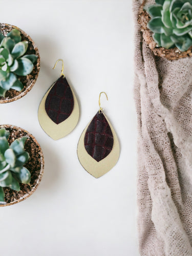 Gold and Maroon Genuine Leather Earrings - E19-1955