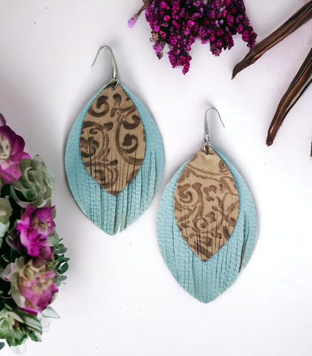 Brown and Blue Genuine Leather Earrings - E19-197