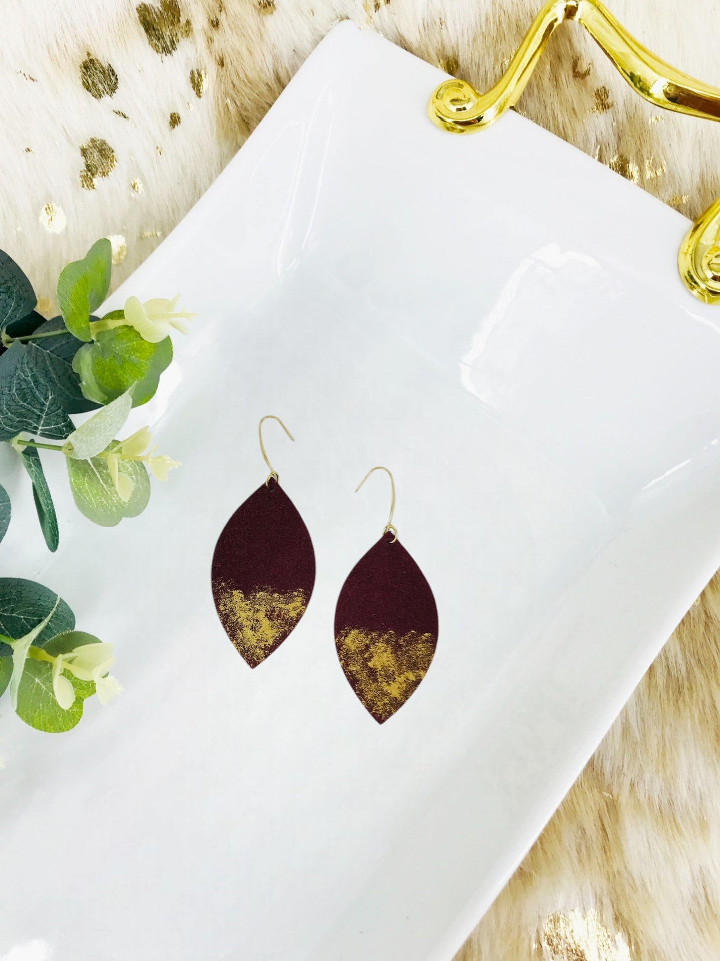 Hand Painted Burgundy Suede Leather Earrings - E19-2035