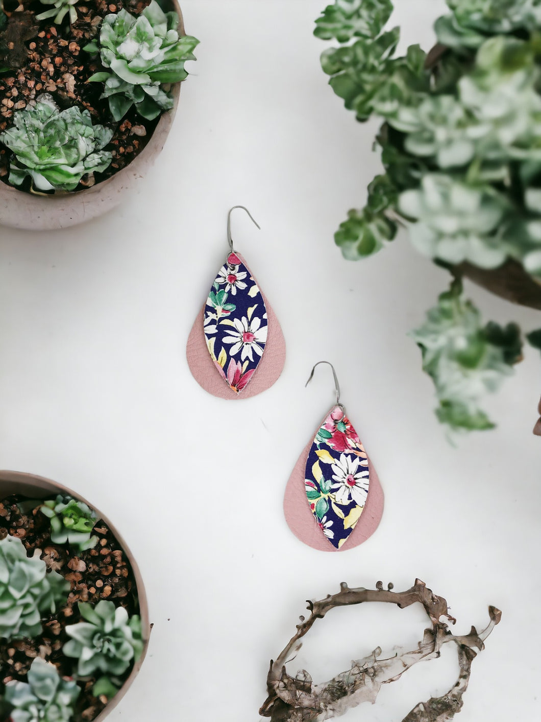 Pink and Floral Layered Leather Earrings - E19-209