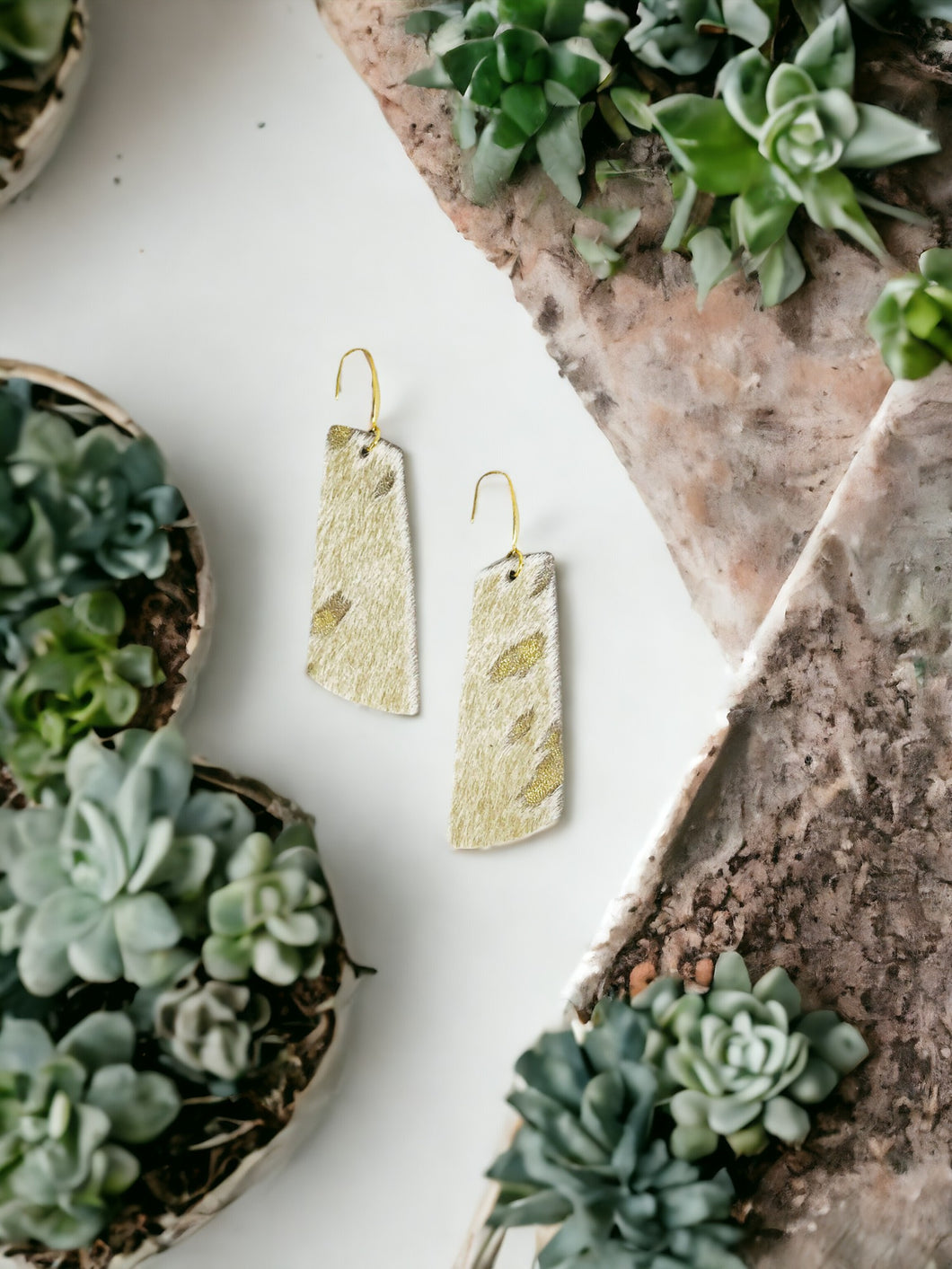 Hair On Metallic Gold Leather Earrings - E19-2101