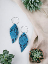 Load image into Gallery viewer, Blue Snakeskin Fringe Leather Hoop Earrings - E19-2118