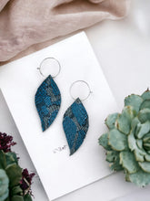 Load image into Gallery viewer, Metallic Blue Snake Skin Fringe Leather Hoop Earrings - E19-2145