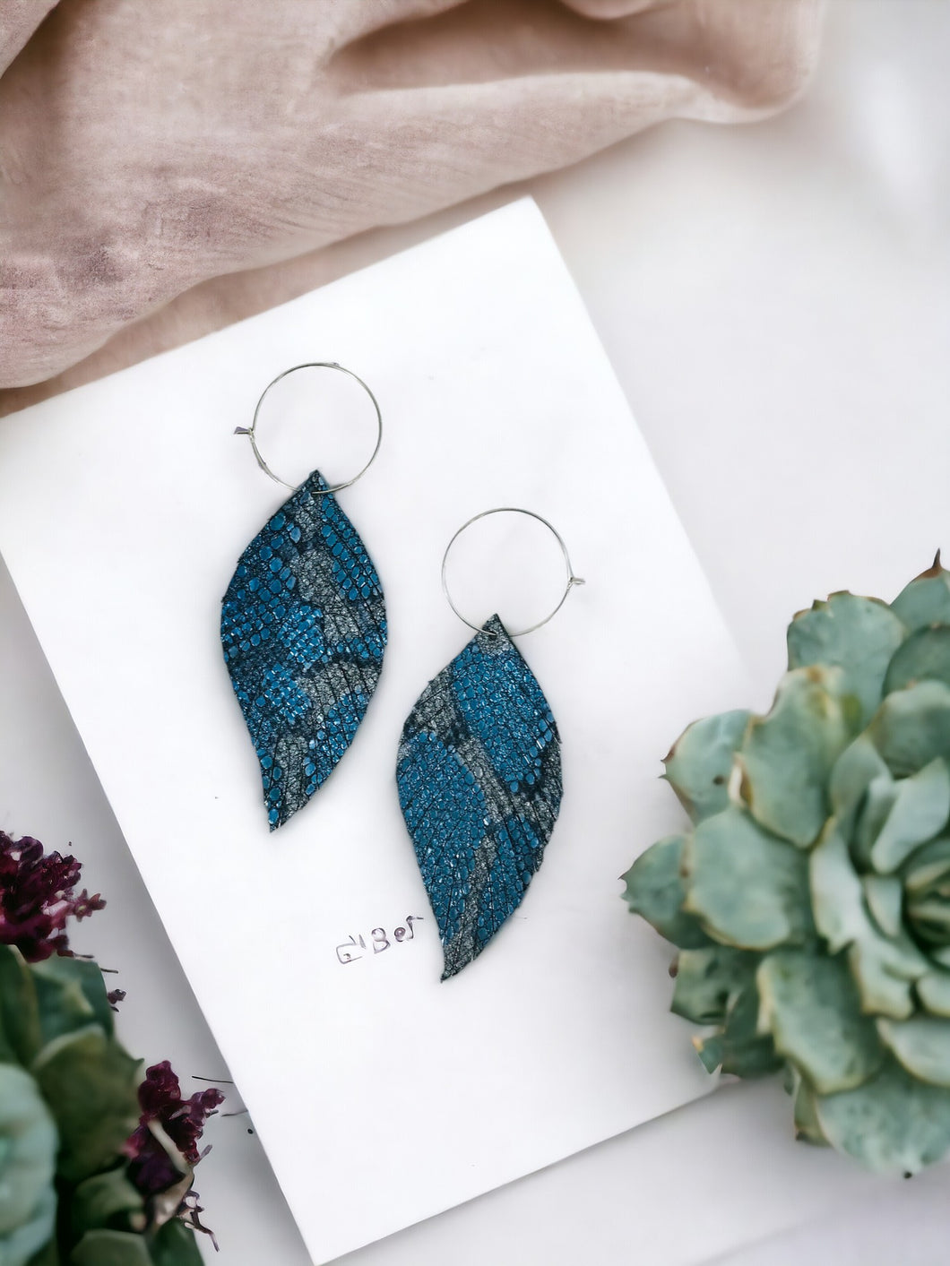 Metallic Blue Snake Skin Fringe Leather Hoop Earrings - E19-2145