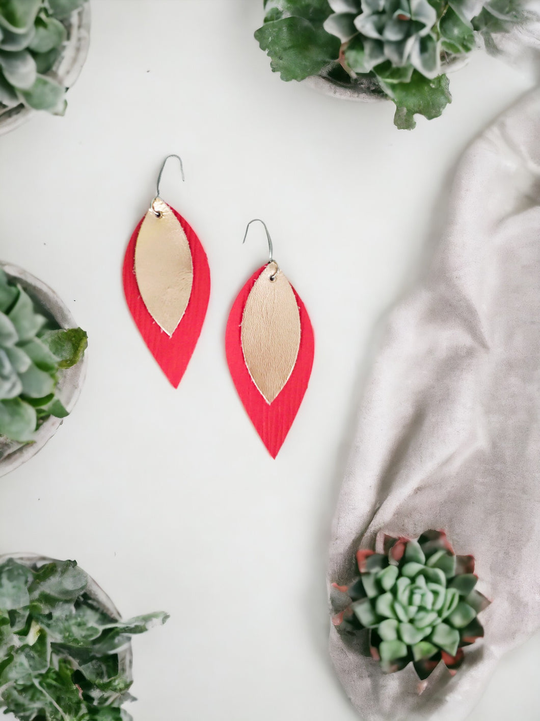Coral and Rose Gold Leather Earrings - E19-2157
