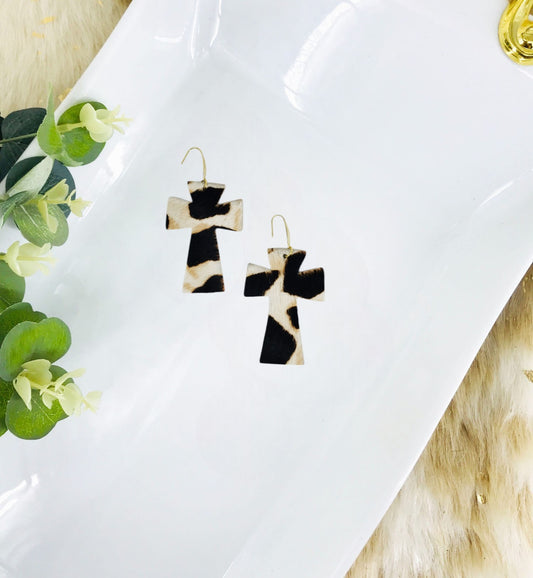 Hair On Giraffe Leather Cross Earrings - E19-2202