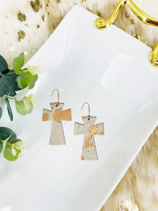 Hair On Metallic Rose Gold Leather Cross Earrings - E19-2204