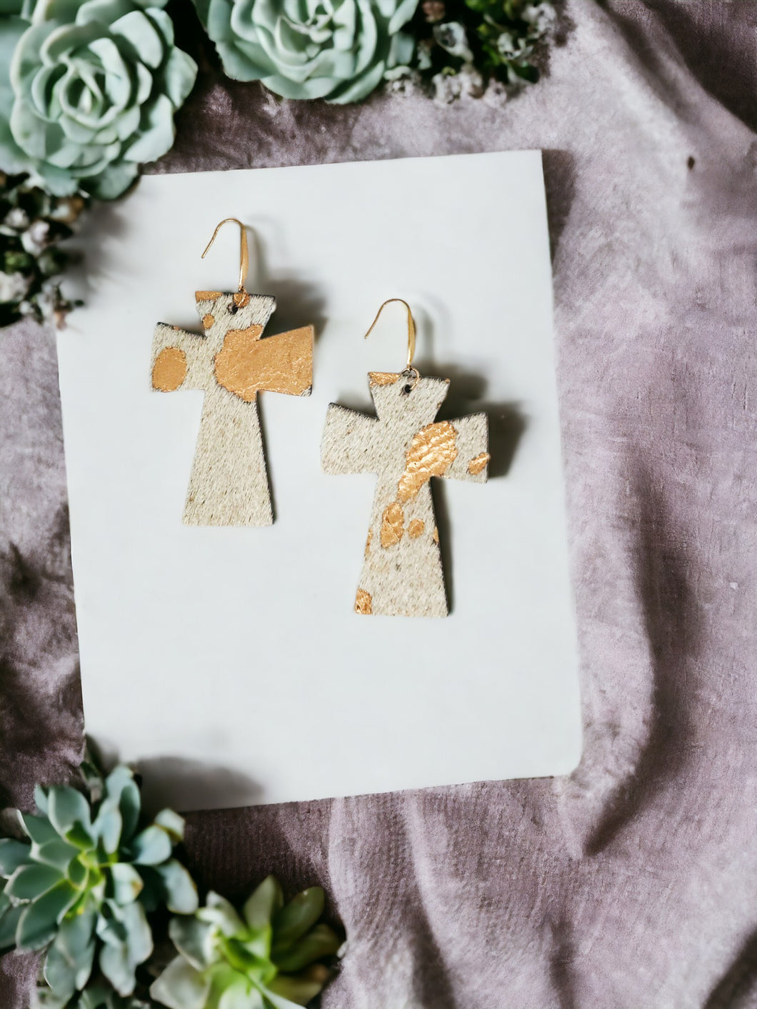 Hair On Metallic Rose Gold Leather Cross Earrings - E19-2204