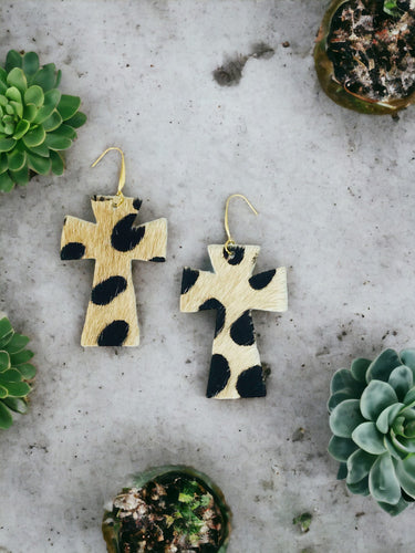 Hair On Leopard Leather Cross Earrings - E19-2208