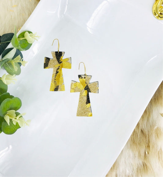 Metallic Gold Hair on Zebra Leather Cross Earrings - E19-2212