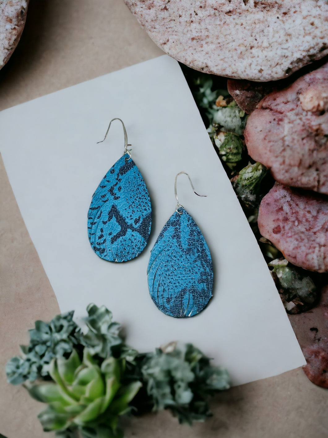 Fringe Blue Snake Skin Leather Earrings - E19-2216