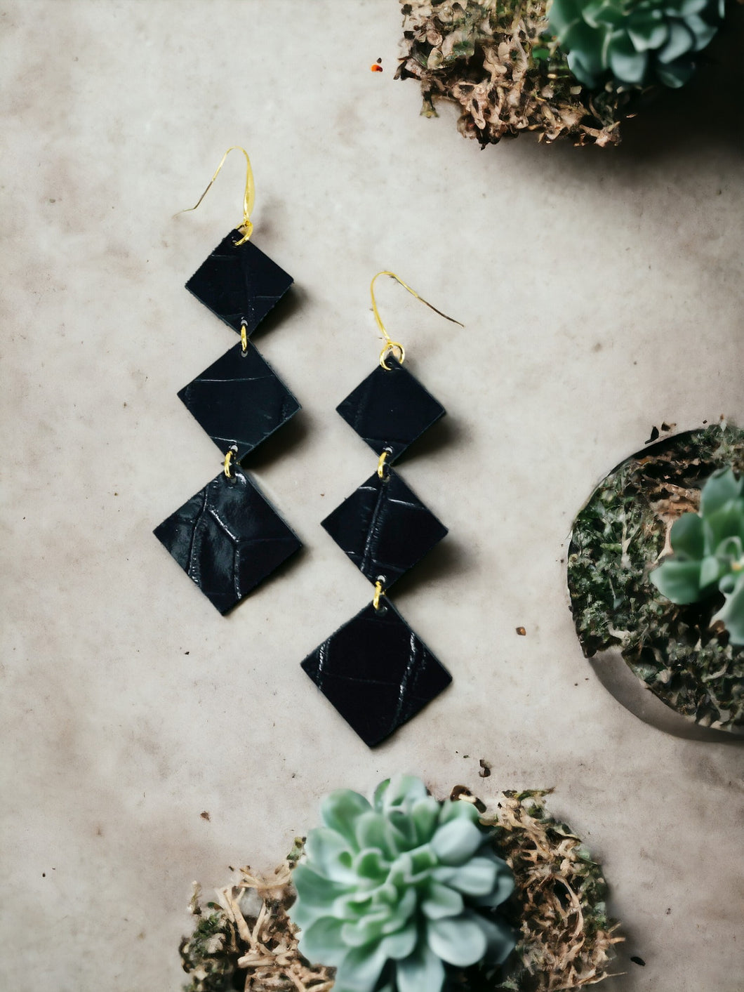 Black Genuine Leather Earrings - E19-2246