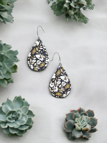 Navy Floral Leather Earrings - E19-2385