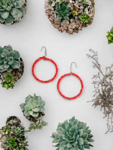 Coral Glass Bead Hoop Earrings - E19-2407