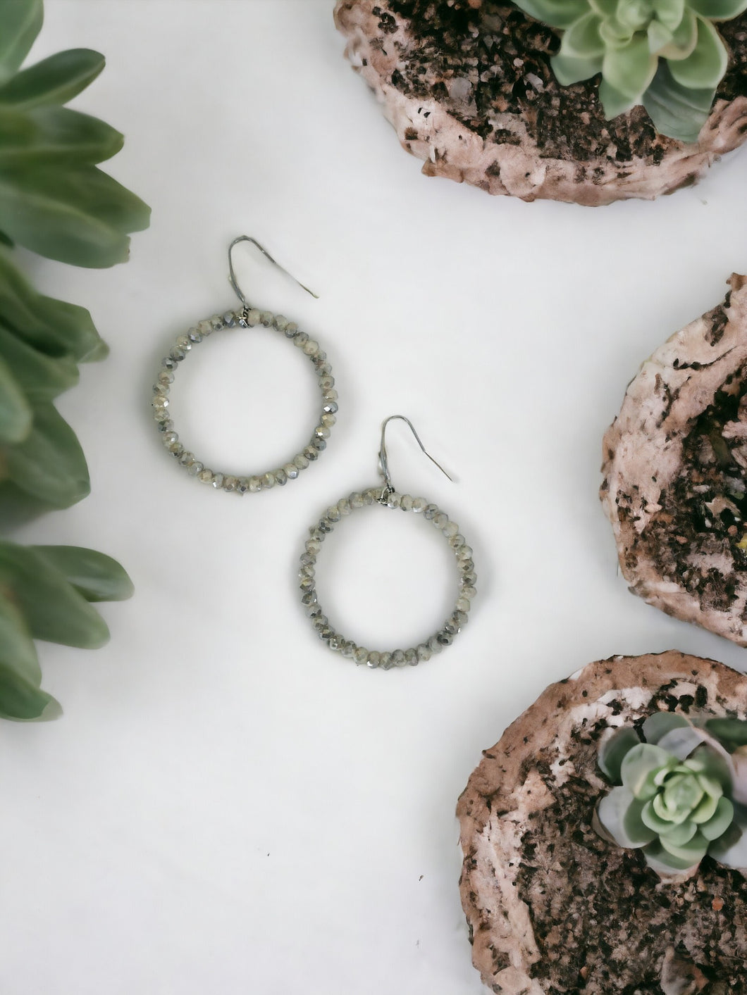 Gray Glass Bead Hoop Earrings - E19-2419