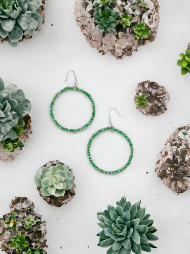 Olive Glass Bead Hoop Earrings - E19-2424