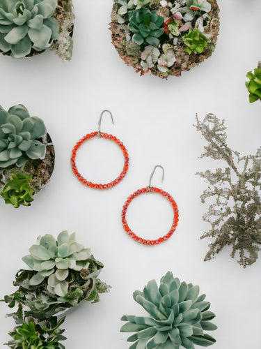 Burnt Red Glass Bead Hoop Earrings - E19-2425