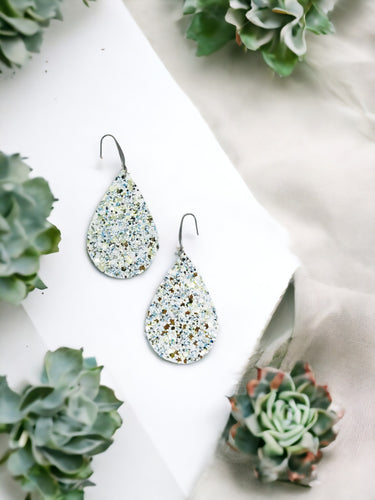 Blue Green on White Chunky Glitter on Leather Earrings - E19-2442