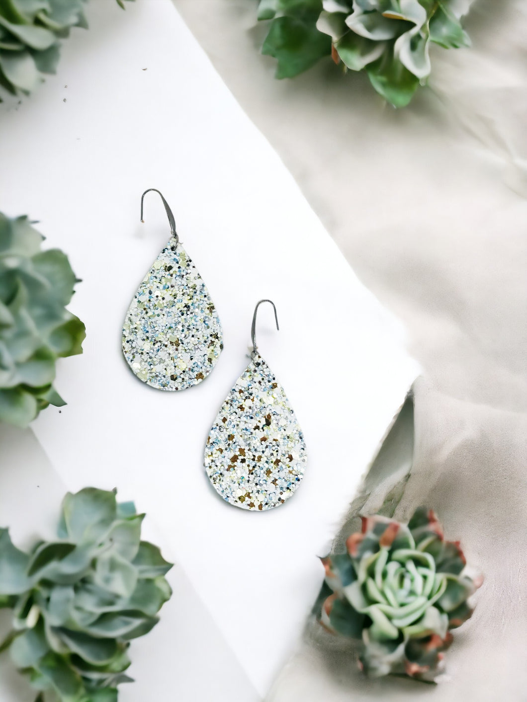 Blue Green on White Chunky Glitter on Leather Earrings - E19-2442