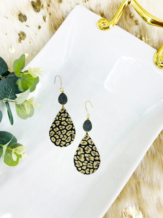 Druzy Agate and Gold Glitter Leopard Leather Earrings - E19-2467