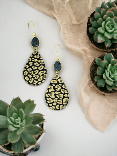 Druzy Agate and Gold Glitter Leopard Leather Earrings - E19-2467