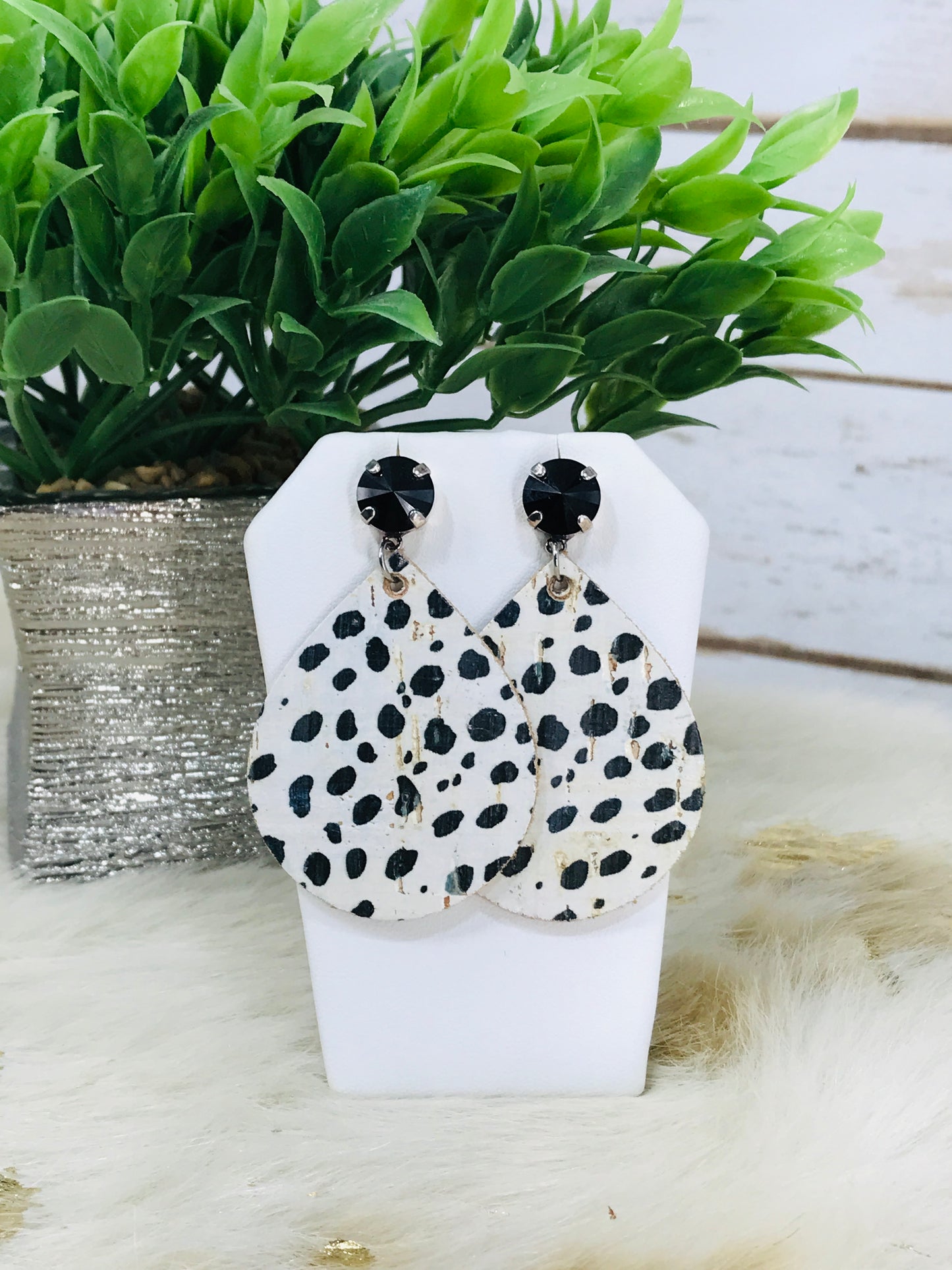 Crystal and Mini Black Cheetah Cork Leather Stud Earrings - E19-2520