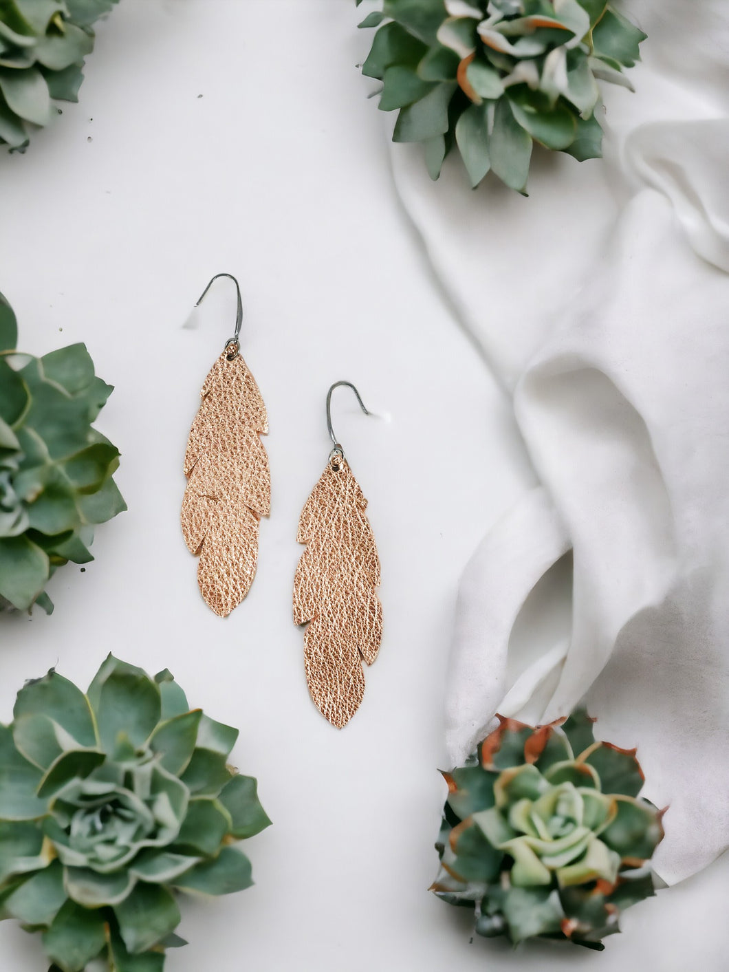 Rose Gold Feather Leather Earrings - E19-2621