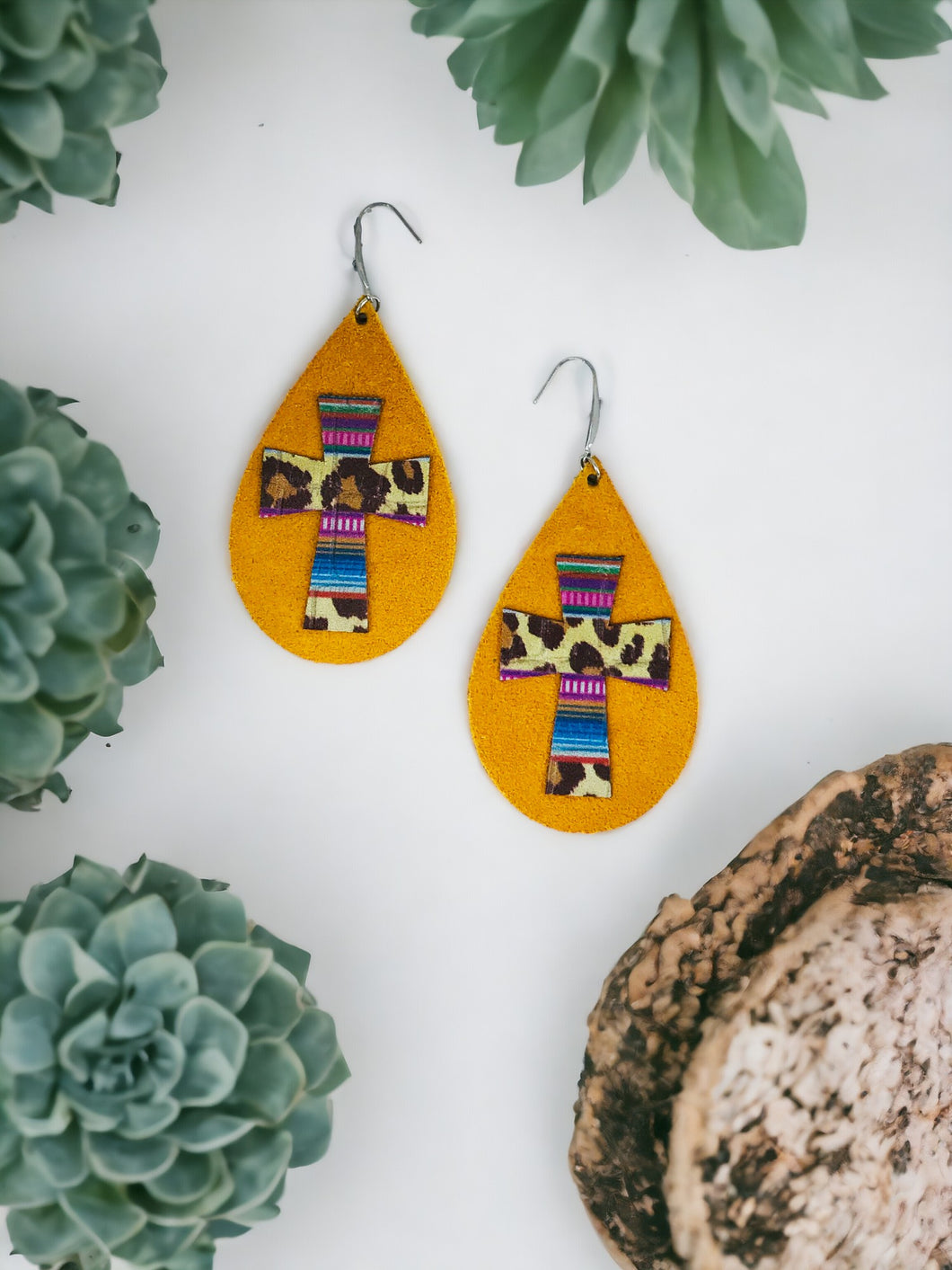 Mustard Suede and Embossed Leopard Leather Earrings - E19-2806