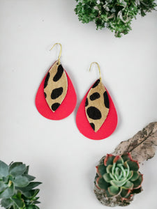 Coral and Cheetah Leather Earrings - E19-2813