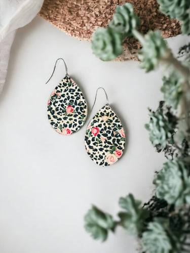 Roses and Leopard Cork on Leather Earrings - E19-2824