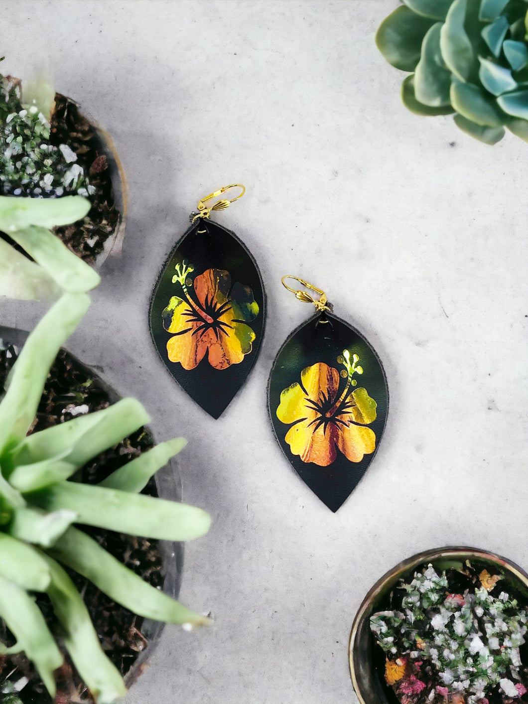 Brown Genuine Leather and Hibiscus Flower Earrings - E19-2839