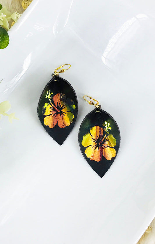 Brown Genuine Leather and Hibiscus Flower Earrings - E19-2839