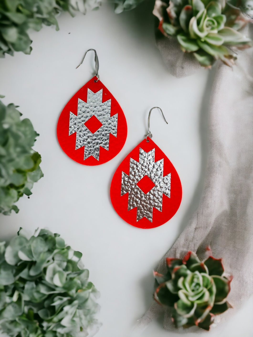 Red Bohemian Themed Faux Leather Earrings - E19-2854