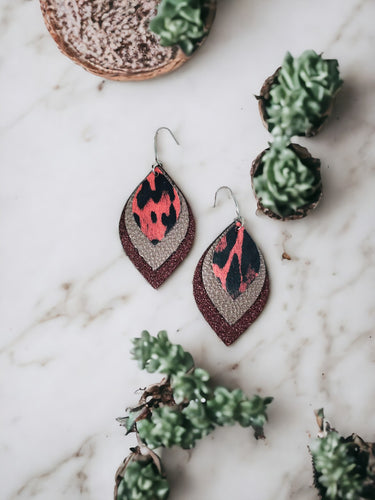 Maroon Leopard Faux Leather and Glitter Layered Earrings - E19-2855