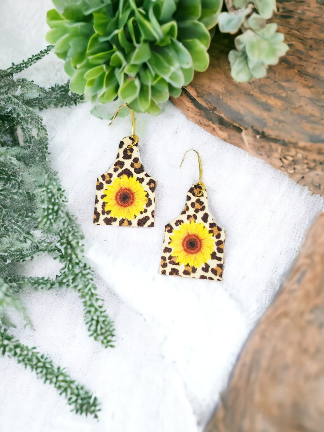 Sunflower Leopard Leather Cow Tag Earrings - E19-2859