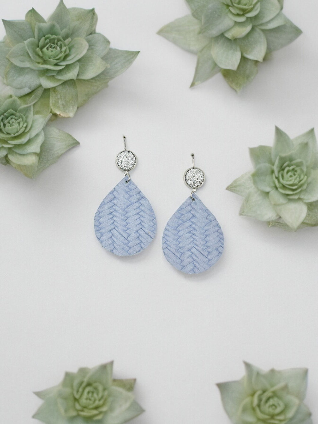 Faux Druzy and Lavender Braided Fishtail Leather Earrings - E19-2875