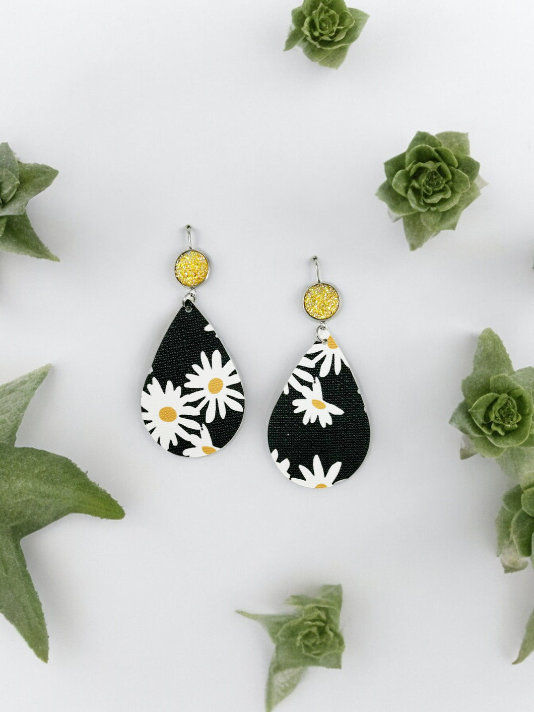 Yellow Druzy and Daisey Faux Leather Earrings - E19-2888
