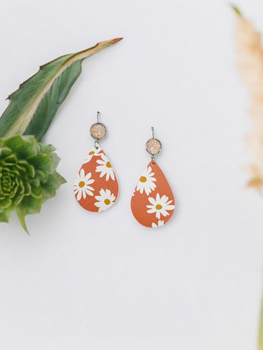 Coral Druzy and Daisey Faux Leather Earrings - E19-2889