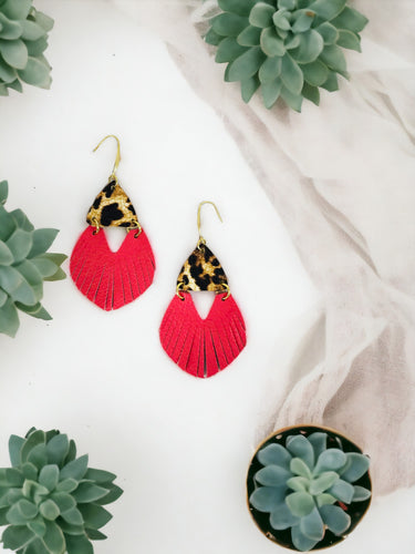 Cheetah and Coral Leather Fringe Earrings - E19-2894