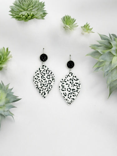 Druzy Agate and Spotted Leopard Leather Earrings - E19-2906