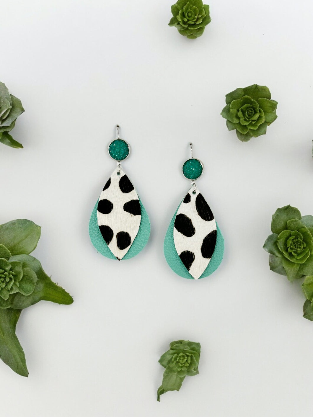 Druzy Agate and Cheetah and Aqua Leather Earrings - E19-2908